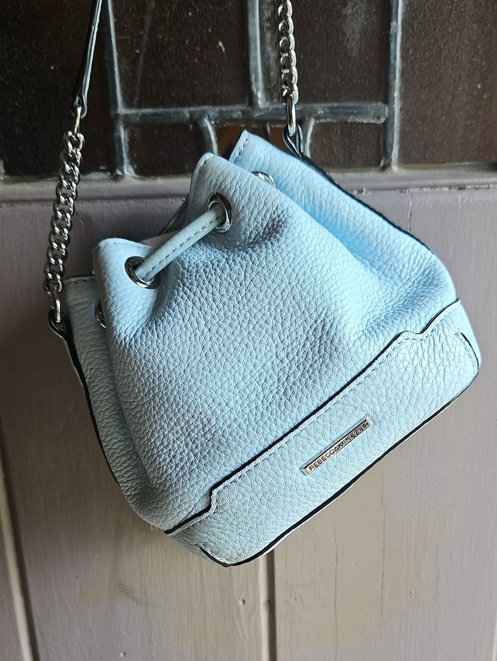 Rebecca Minkoff Sky Blue Pebble Leather Mini Drawstring Bucket Bag